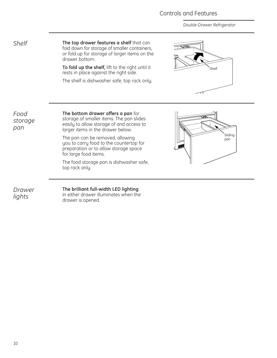 Controls and features, Food storage pan, Shelf | Drawer lights | GE Monogram ZIDI240 User Manual | Page 10 / 20