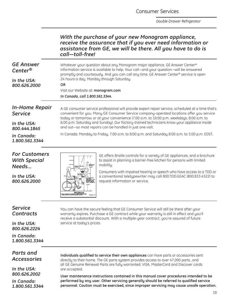Consumer services, In-home repair service, Service contracts | Parts and accessories, For customers with special needs | GE Monogram ZIDI240 User Manual | Page 19 / 20