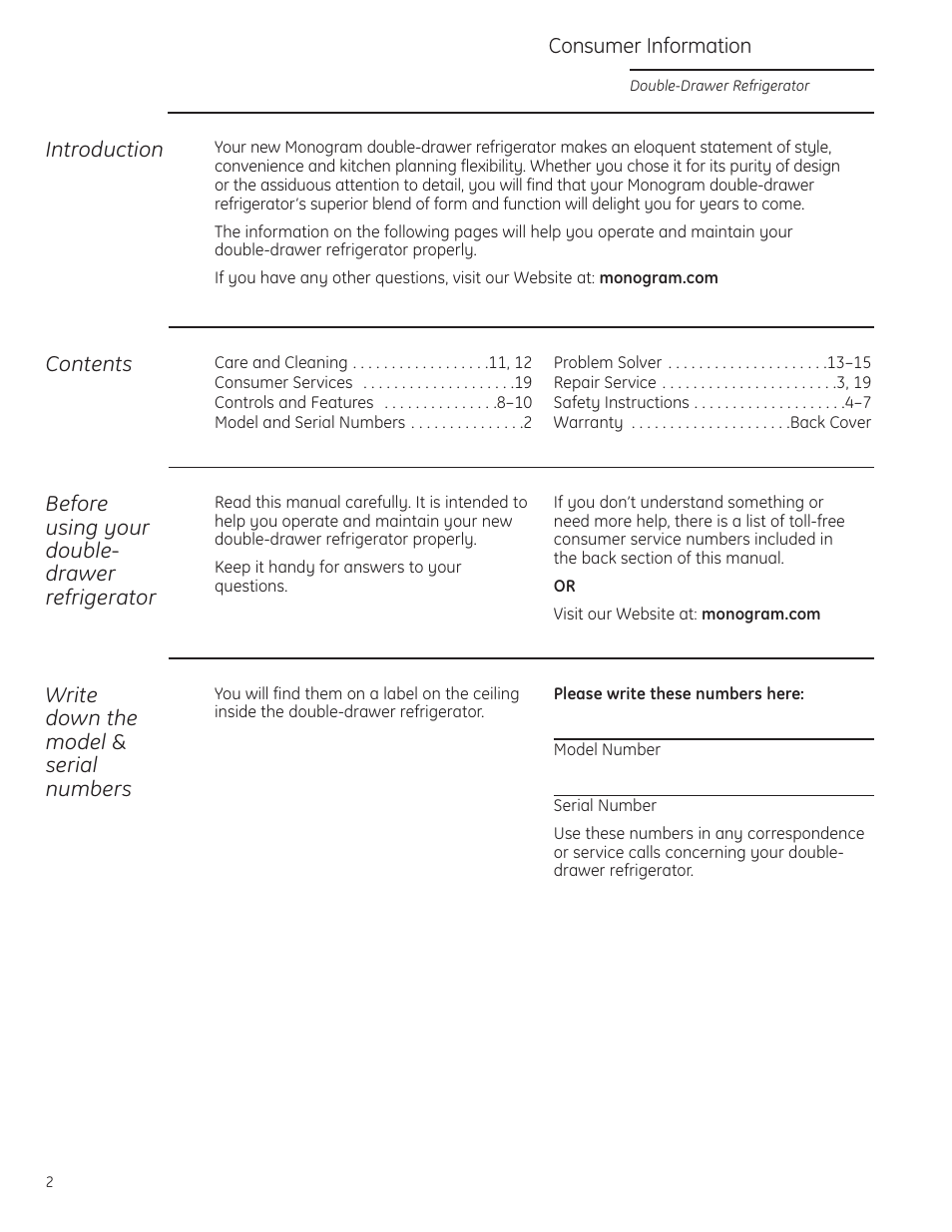 Model and serial numbers | GE Monogram ZIDI240 User Manual | Page 2 / 20
