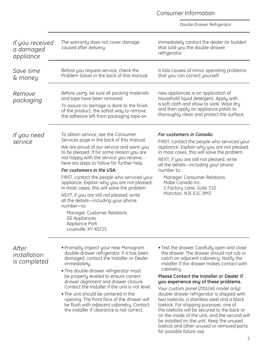 Repair service, Repair service , 19 | GE Monogram ZIDI240 User Manual | Page 3 / 20