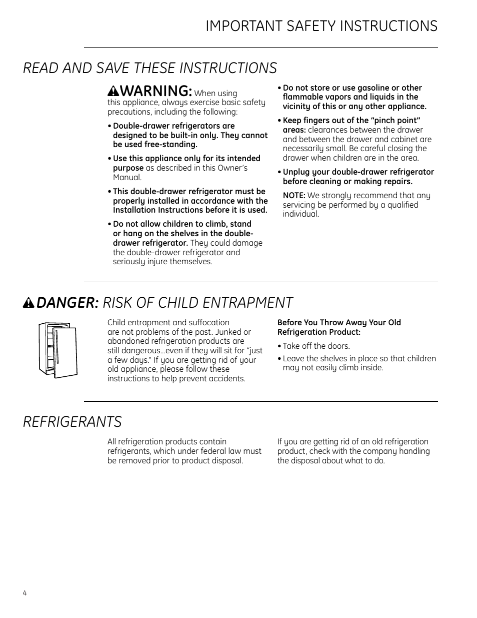 Safety instructions, Safety instructions –7, Warning | Danger: risk of child entrapment, Refrigerants | GE Monogram ZIDI240 User Manual | Page 4 / 20