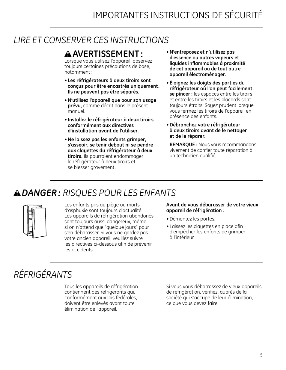 Avertissement, Danger : risques pour les enfants, Réfrigérants | GE Monogram ZIDI240 User Manual | Page 5 / 20