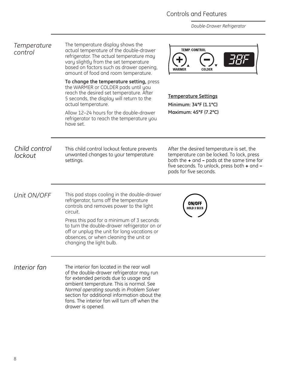 Controls and features, Controls and features –10 | GE Monogram ZIDI240 User Manual | Page 8 / 20