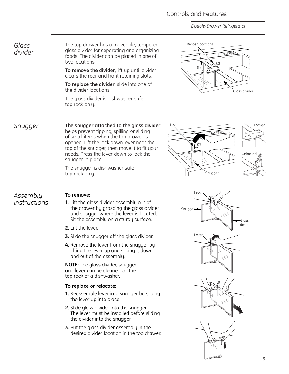 Controls and features, Snugger, Glass divider | Assembly instructions | GE Monogram ZIDI240 User Manual | Page 9 / 20