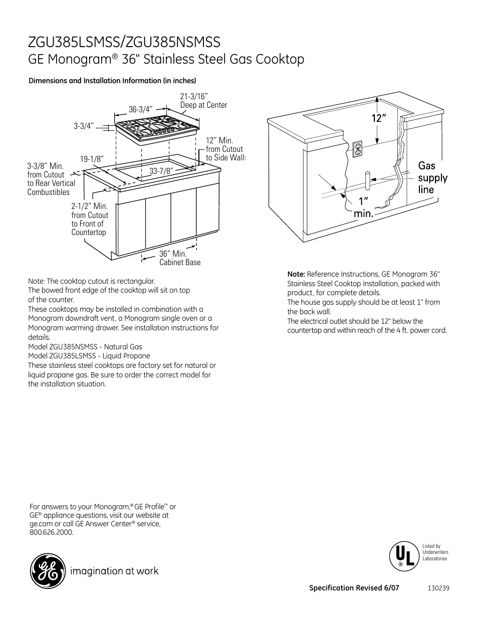 GE ZGU385NSMSS User Manual | 2 pages