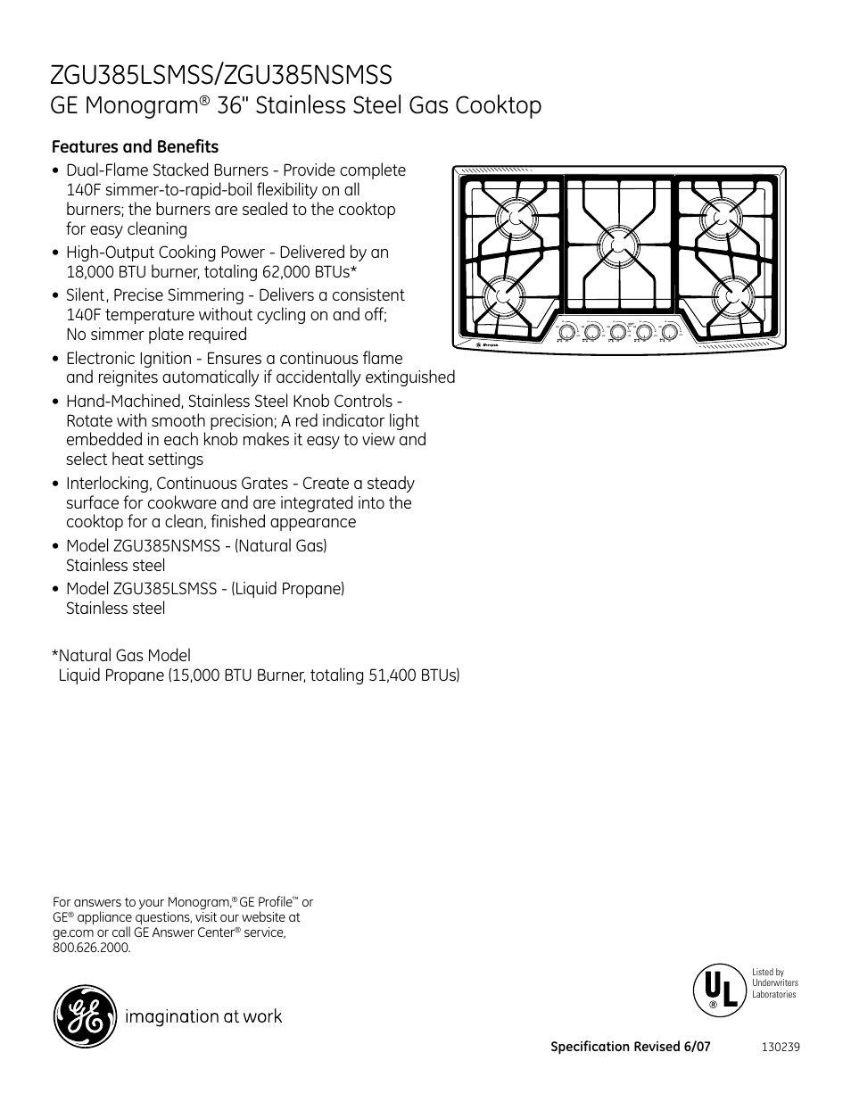 Ge monogram, 36" stainless steel gas cooktop, Features and benefits | GE ZGU385NSMSS User Manual | Page 2 / 2
