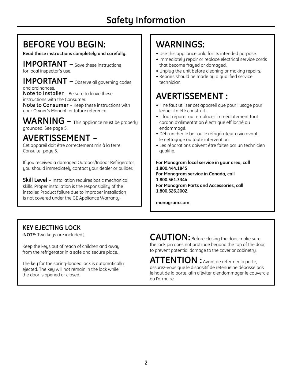 Safety information, Before you begin, Warning | Avertissement, Warnings, Caution, Attention, Important | GE Monogram ZDOD240 User Manual | Page 2 / 8