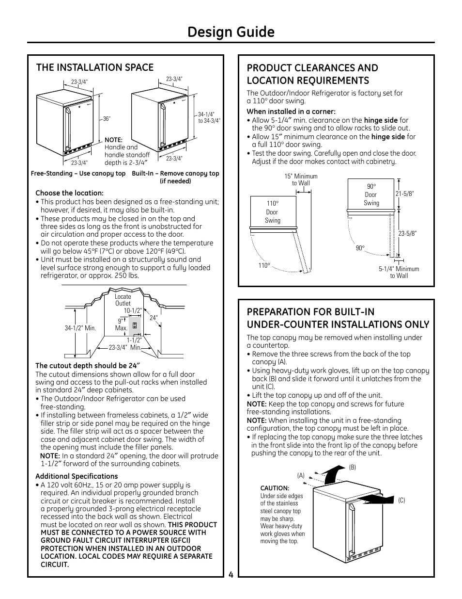 The installation space, Product clearances and location requirements, Design guide | GE Monogram ZDOD240 User Manual | Page 4 / 8