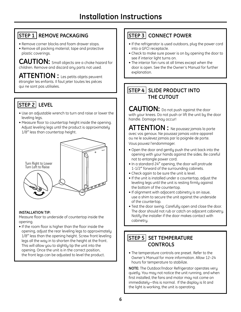Step 1, remove packaging, Step 2, leveling, Step 3, connect power | Step 4, slide product into cutout, Step 5, set temperature controls, Installation instructions, Caution, Attention, Step 5 set temperature controls, Step 3 connect power | GE Monogram ZDOD240 User Manual | Page 6 / 8