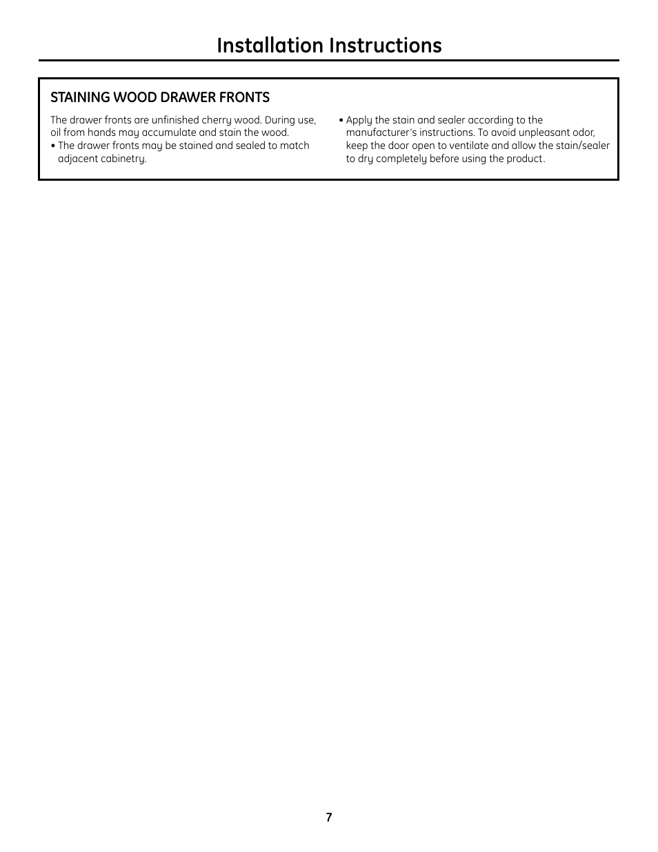 Staining wood drawer fronts, Installation instructions | GE Monogram ZDOD240 User Manual | Page 7 / 8