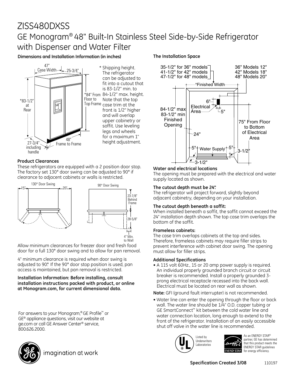 GE Monogram ZISS480DXSS User Manual | 2 pages