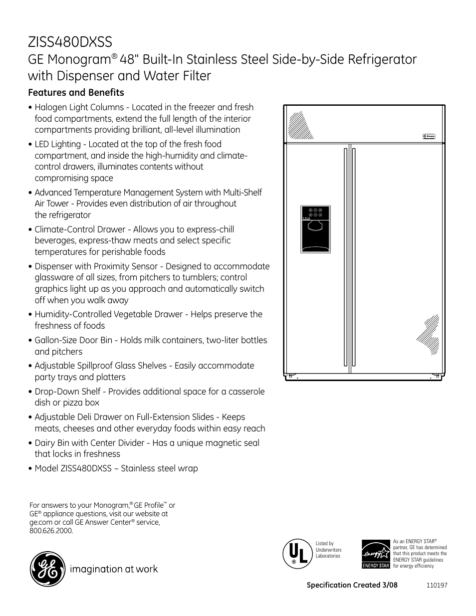 Ziss480dxss, Ge monogram, Ziss480drss | Features and benefits | GE Monogram ZISS480DXSS User Manual | Page 2 / 2