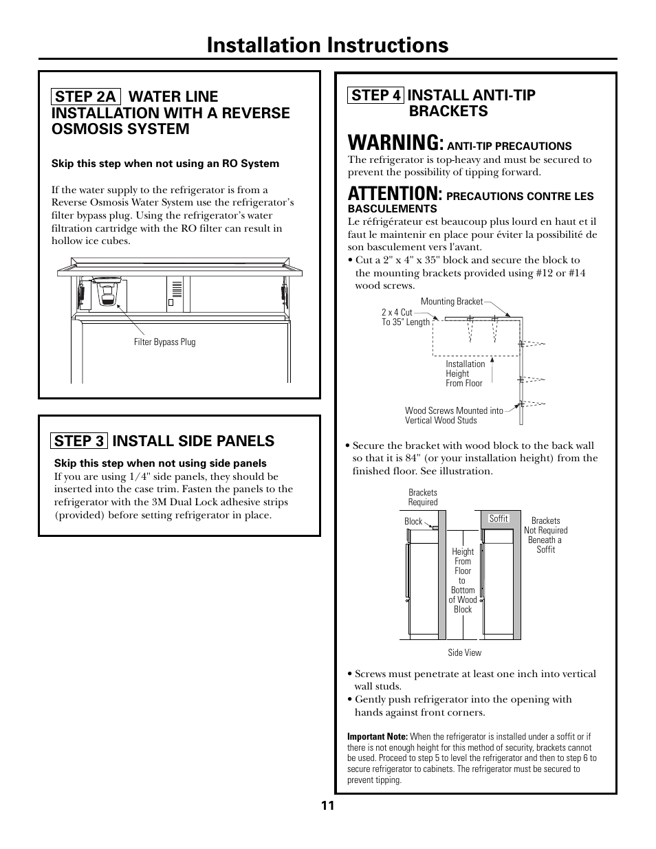 Installation instructions, Warning, Attention | Step 3 install side panels, Step 4 install anti-tip brackets | GE Monogram ZICS360N RH User Manual | Page 11 / 20