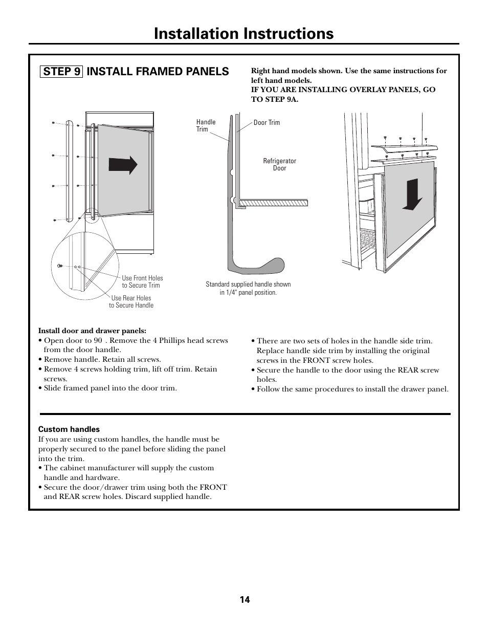 Installation instructions, Step 9 install framed panels | GE Monogram ZICS360N RH User Manual | Page 14 / 20