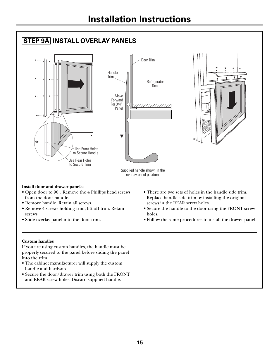 Installation instructions, Step 9a install overlay panels | GE Monogram ZICS360N RH User Manual | Page 15 / 20