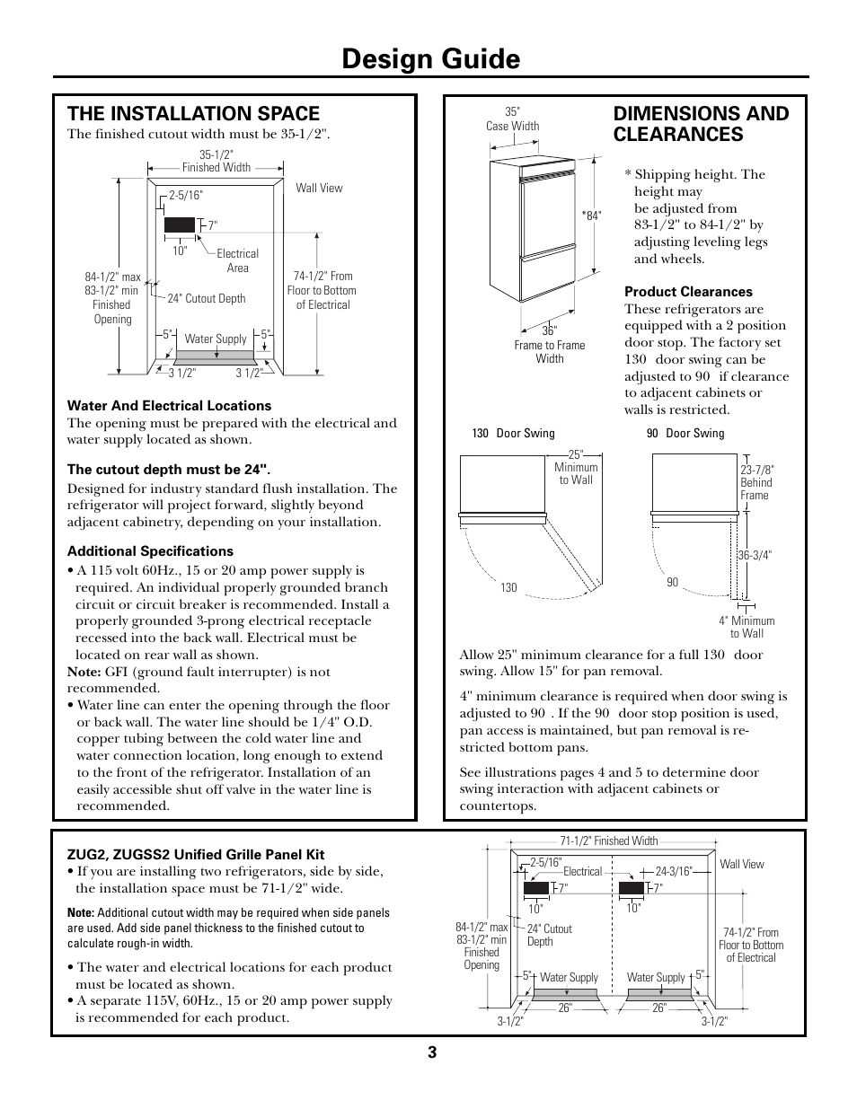 Design guide, The installation space, Dimensions and clearances | GE Monogram ZICS360N RH User Manual | Page 3 / 20