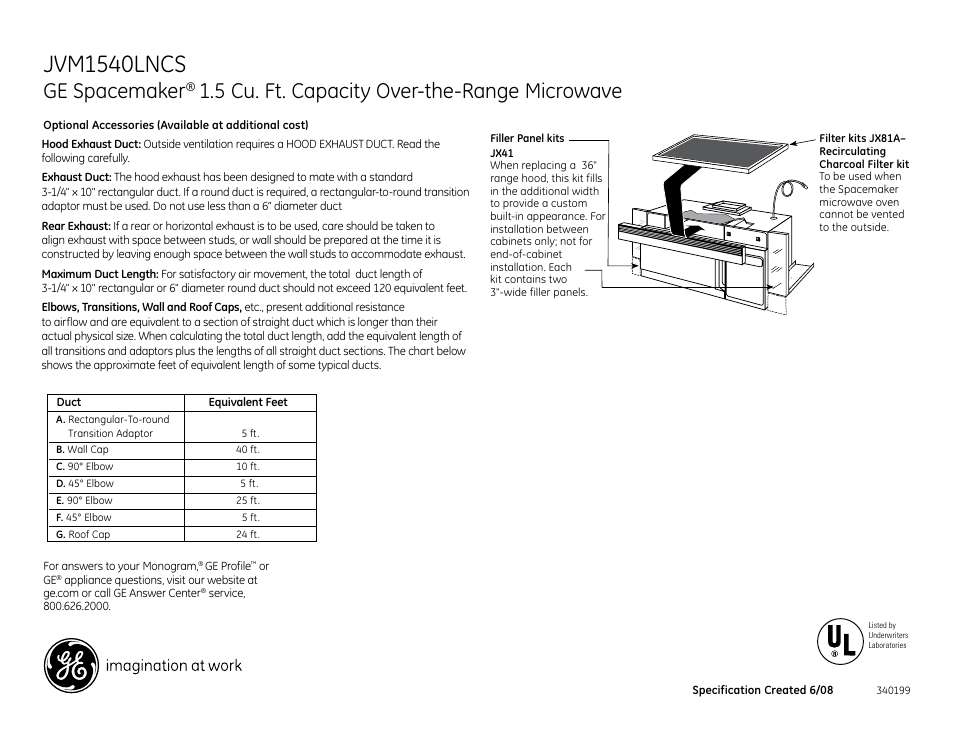 Jvm1540lncs, Ge spacemaker, 5 cu. ft. capacity over-the-range microwave | GE Monogram JVM1540LNCS User Manual | Page 2 / 3