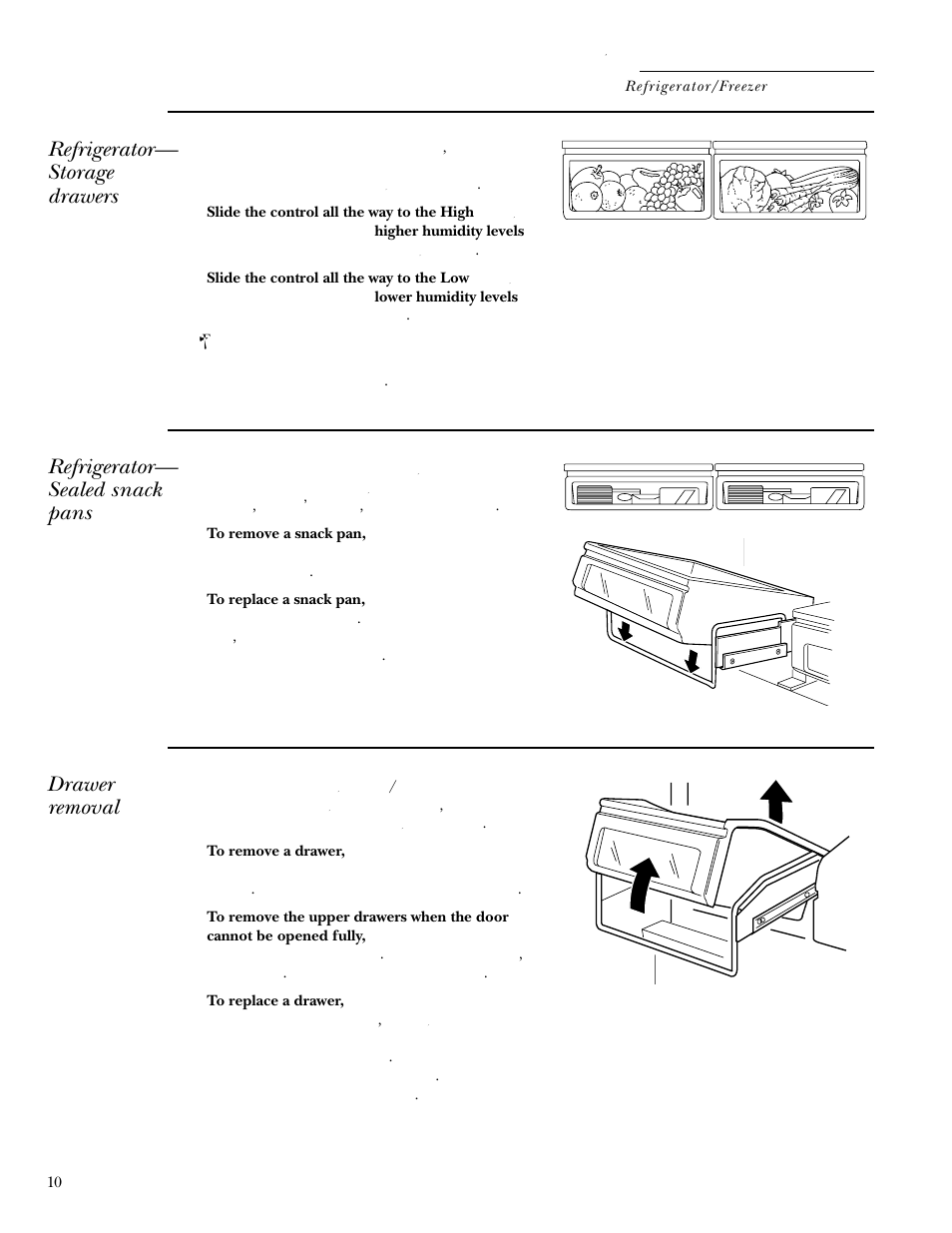 Storage drawers, Refrigerator— sealed snack pans, Drawer removal | Refrigerator— storage drawers | GE Monogram Built In 36 Single Door Refrigerators and 36 Single Door Freezers User Manual | Page 10 / 20