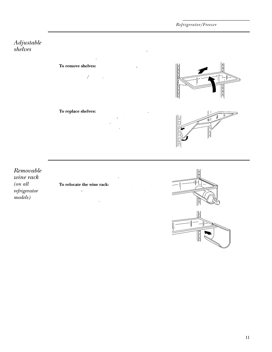 Shelves, Wine rack, Shelves , 12 | Adjustable shelves, Removable wine rack | GE Monogram Built In 36 Single Door Refrigerators and 36 Single Door Freezers User Manual | Page 11 / 20