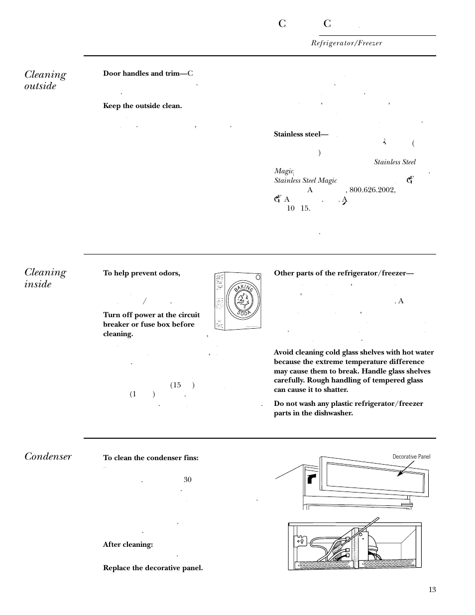 Cleaning—outside and inside, Condenser, Cleaning—outside and inside condenser | Care and cleaning, Cleaning outside, Cleaning inside | GE Monogram Built In 36 Single Door Refrigerators and 36 Single Door Freezers User Manual | Page 13 / 20