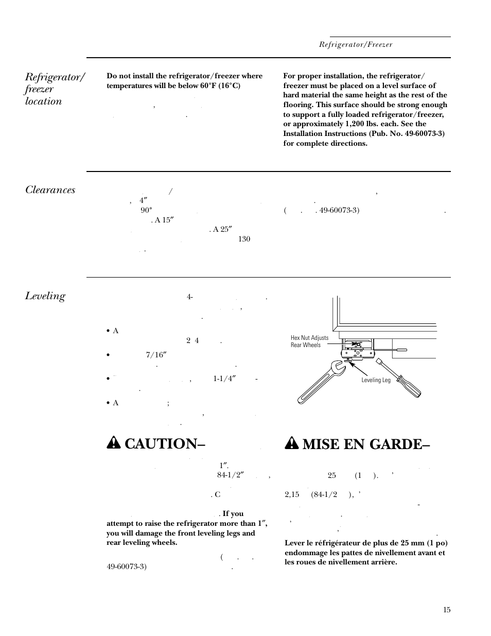 Clearances, Leveling, Location | Clearances leveling location, Caution, Mise en garde, Preparation, Refrigerator/ freezer location | GE Monogram Built In 36 Single Door Refrigerators and 36 Single Door Freezers User Manual | Page 15 / 20