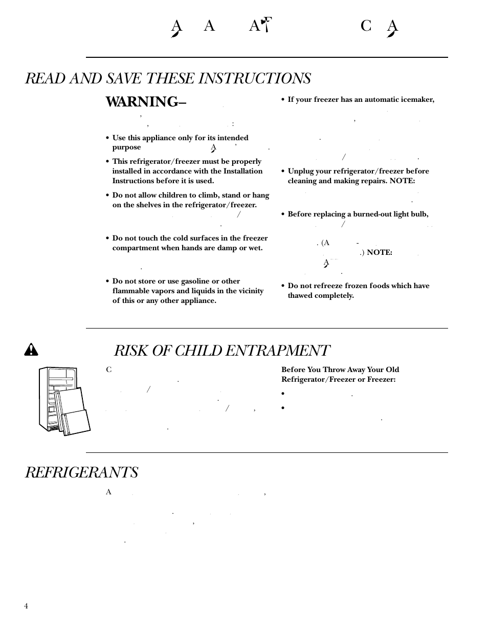 Safety instructions, Safety instructions –7, W danger: risk of child entrapment | Refrigerants, Warning | GE Monogram Built In 36 Single Door Refrigerators and 36 Single Door Freezers User Manual | Page 4 / 20