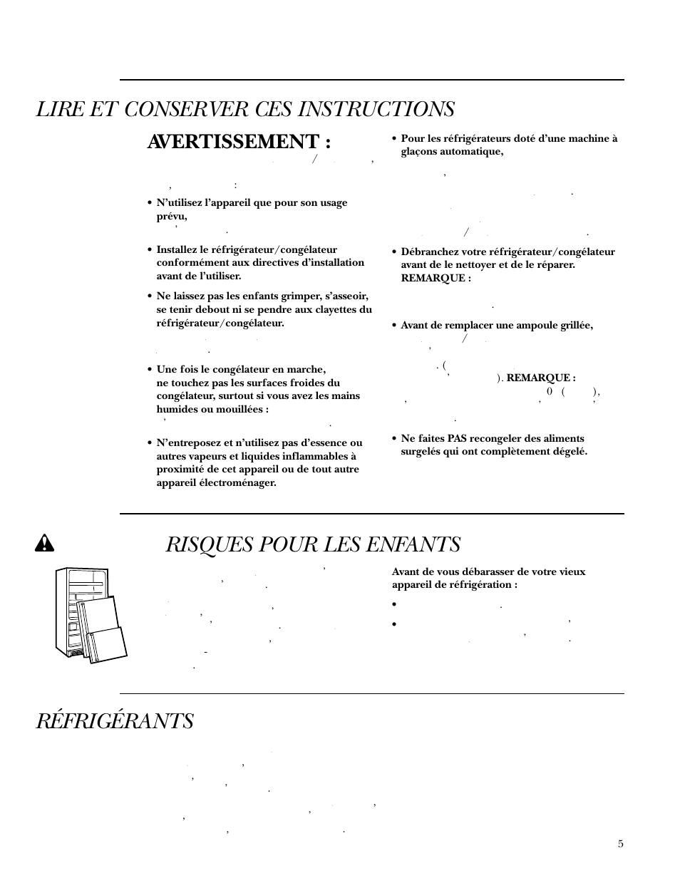 Lire et conserver ces instructions, W danger : risques pour les enfants, Réfrigérants | Avertissement | GE Monogram Built In 36 Single Door Refrigerators and 36 Single Door Freezers User Manual | Page 5 / 20