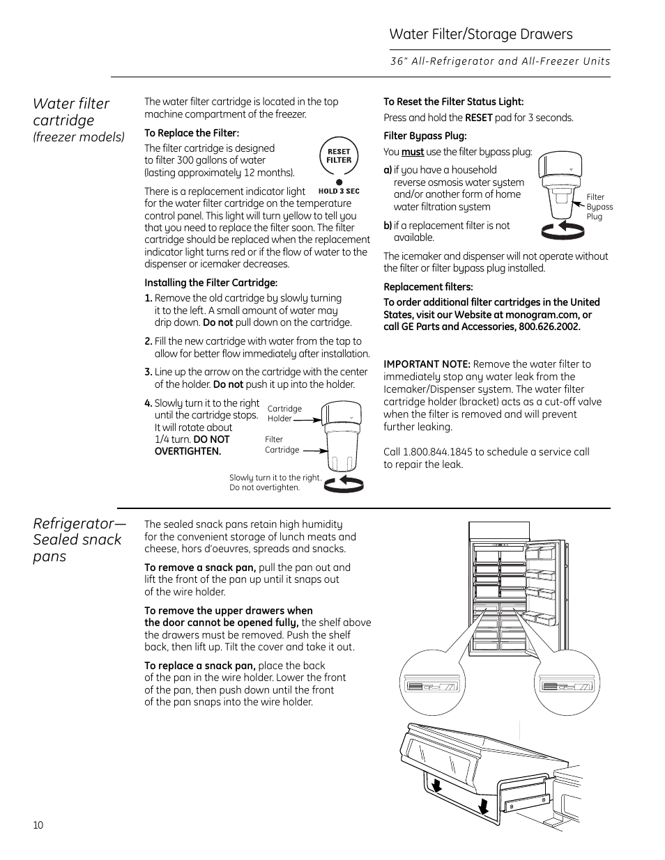 Storage drawers, Water filter accessory, Storage drawers , 11 | Water filter cartridge | GE Monogram All-Refrigerators and All-Freezers User Manual | Page 10 / 28