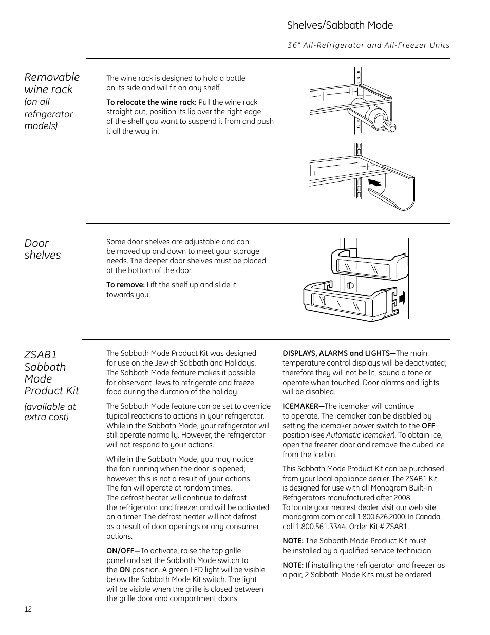 Sabbath mode product, Wine rack, Shelves/sabbath mode door shelves | Zsab1 sabbath mode product kit, Removable wine rack | GE Monogram All-Refrigerators and All-Freezers User Manual | Page 12 / 28