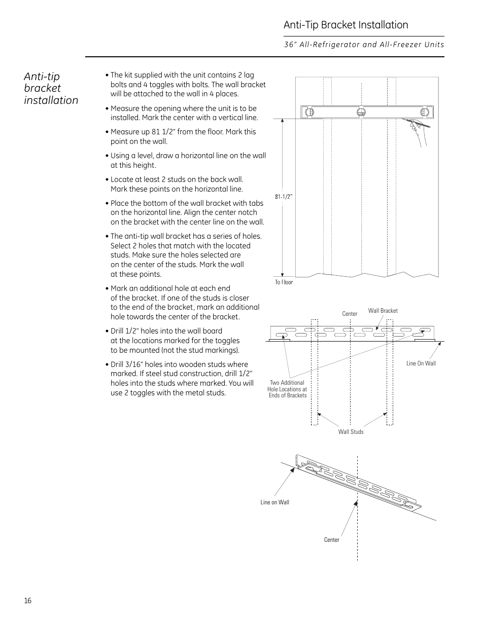 Anti-tip bracket installation, Anti-tip bracket installation –20 | GE Monogram All-Refrigerators and All-Freezers User Manual | Page 16 / 28