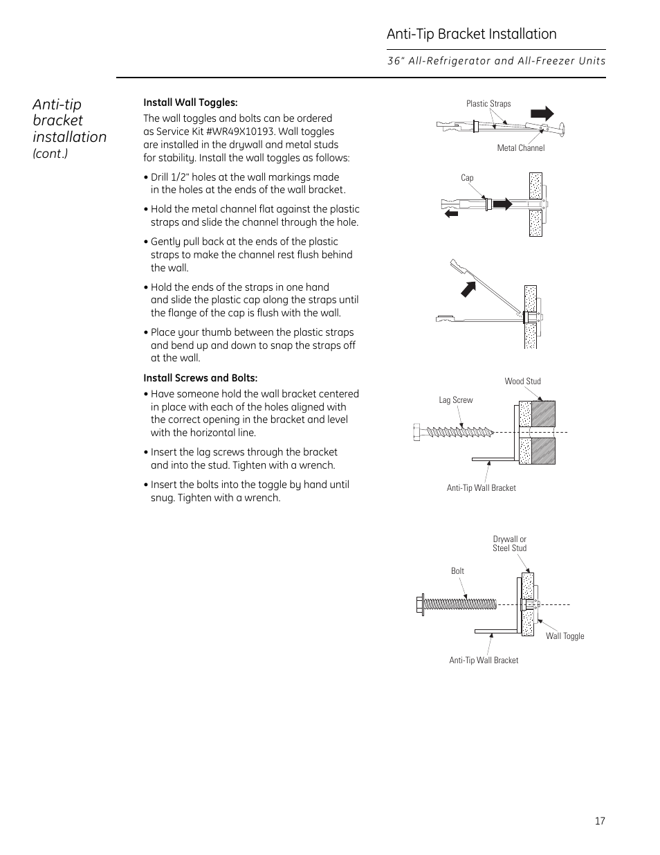 Anti-tip bracket installation | GE Monogram All-Refrigerators and All-Freezers User Manual | Page 17 / 28