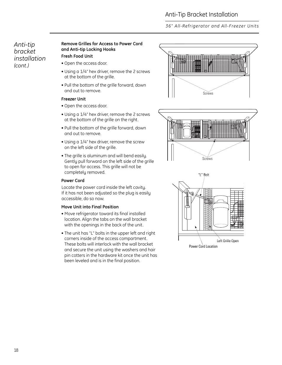 Anti-tip bracket installation | GE Monogram All-Refrigerators and All-Freezers User Manual | Page 18 / 28
