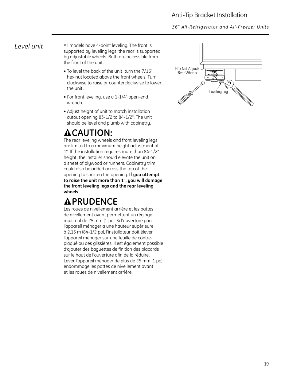 Caution, Prudence, Anti-tip bracket installation | Level unit | GE Monogram All-Refrigerators and All-Freezers User Manual | Page 19 / 28
