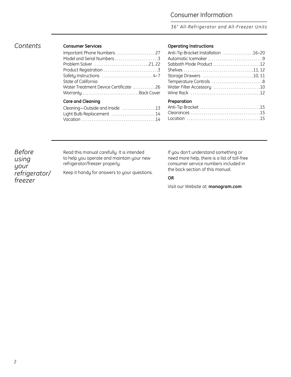 GE Monogram All-Refrigerators and All-Freezers User Manual | Page 2 / 28