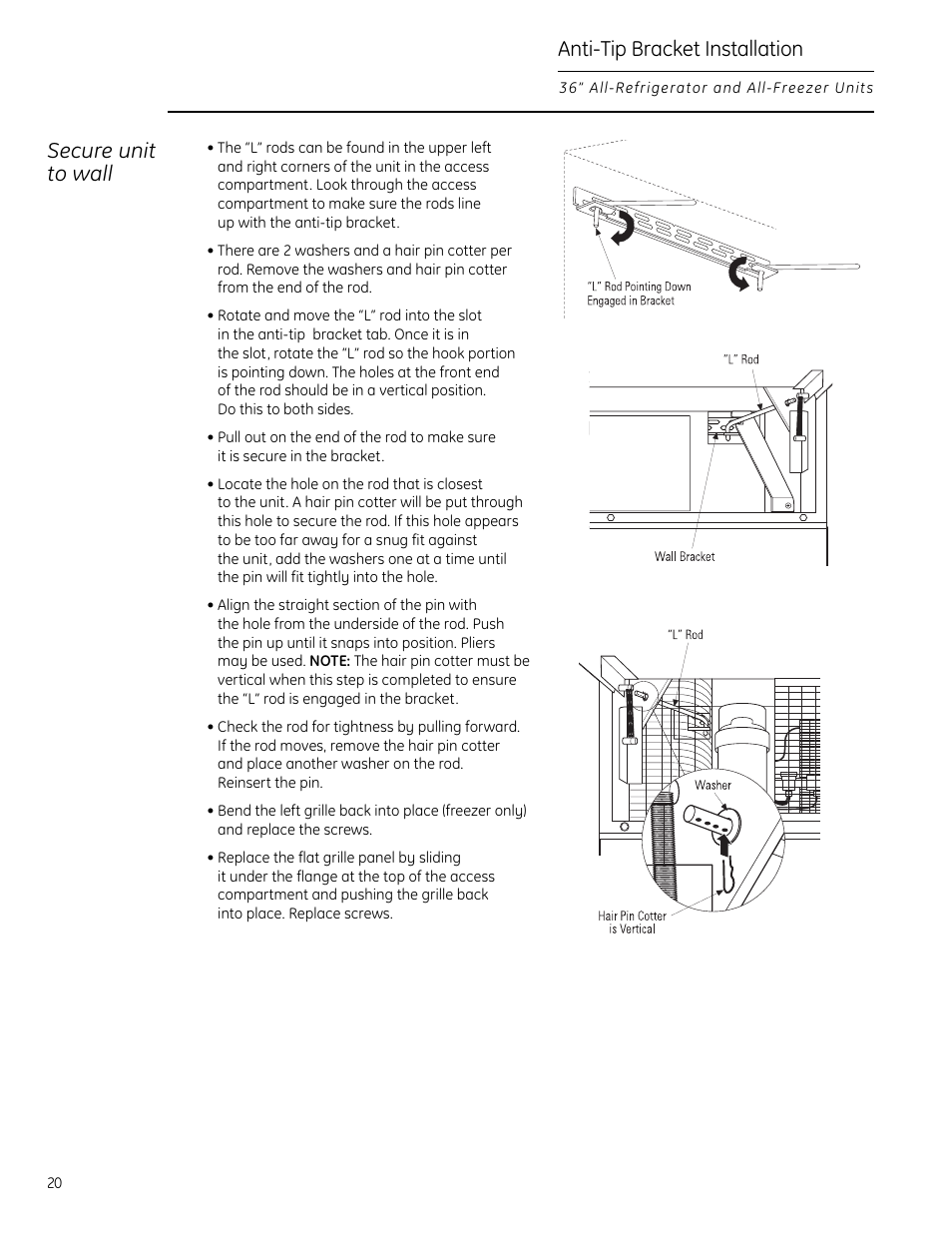 Anti-tip bracket installation, Secure unit to wall | GE Monogram All-Refrigerators and All-Freezers User Manual | Page 20 / 28