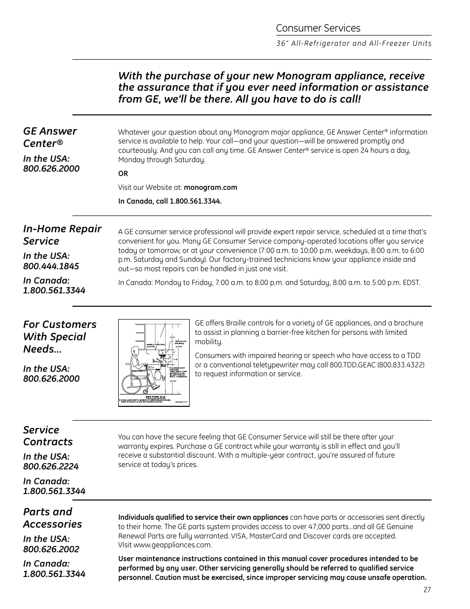 Important phone numbers, In-home repair service, Service contracts | Parts and accessories, For customers with special needs, Consumer services | GE Monogram All-Refrigerators and All-Freezers User Manual | Page 27 / 28
