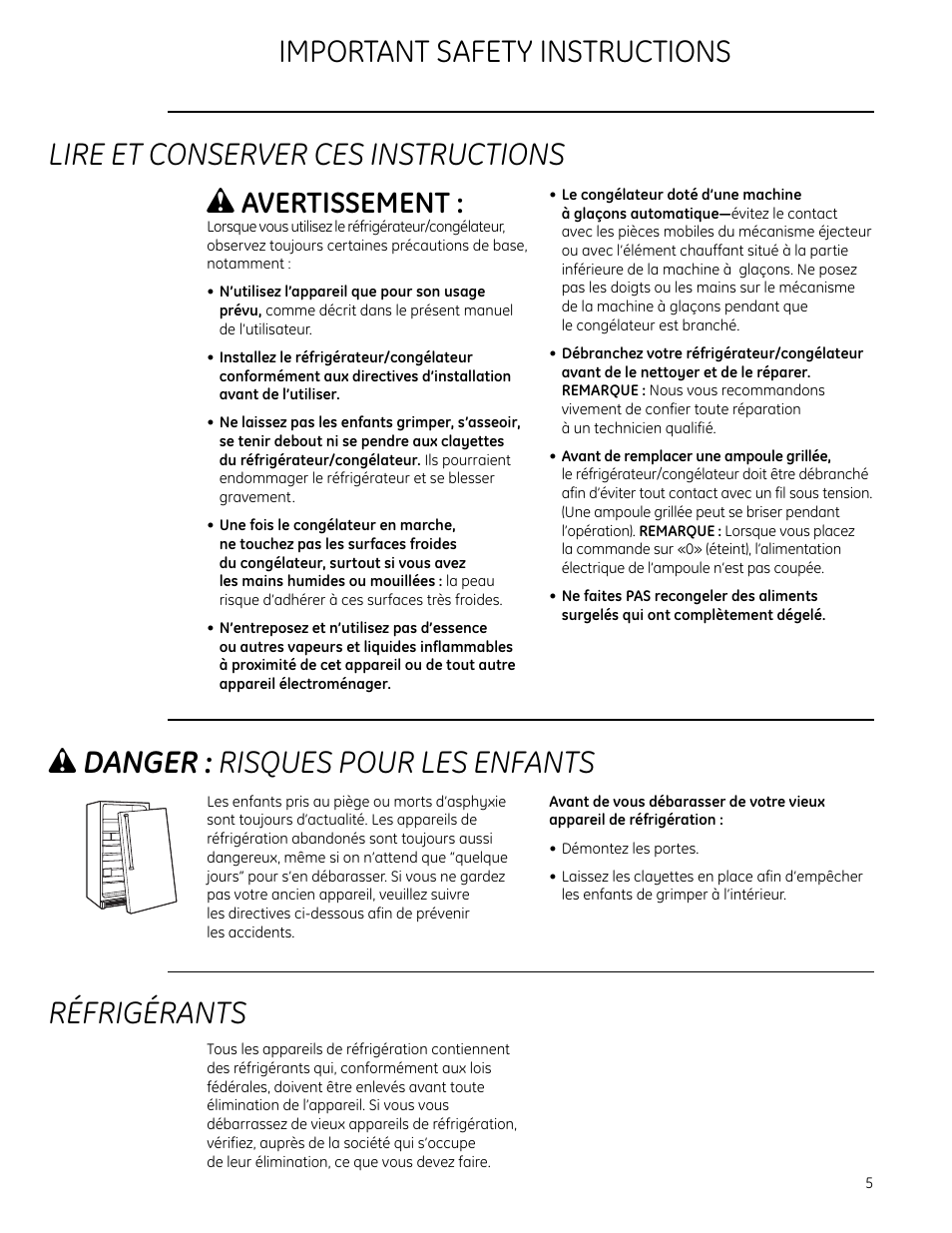 Lire et conserver ces instructions w, Wdanger : risques pour les enfants, Réfrigérants | Important safety instructions, Avertissement | GE Monogram All-Refrigerators and All-Freezers User Manual | Page 5 / 28