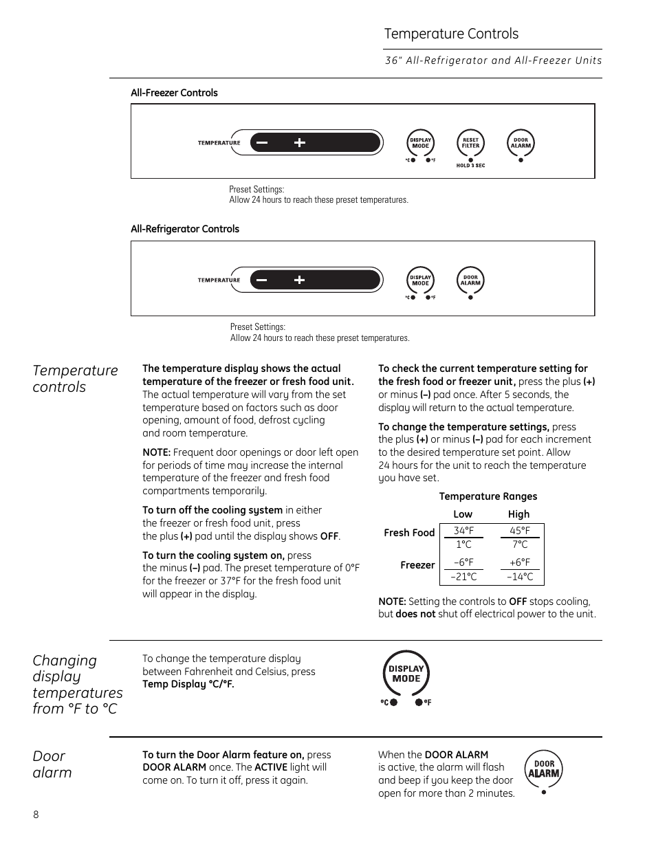 Temperature controls, Door alarm | GE Monogram All-Refrigerators and All-Freezers User Manual | Page 8 / 28