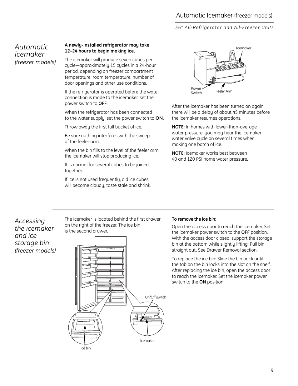 Automatic icemaker, Accessing the icemaker and ice storage bin | GE Monogram All-Refrigerators and All-Freezers User Manual | Page 9 / 28