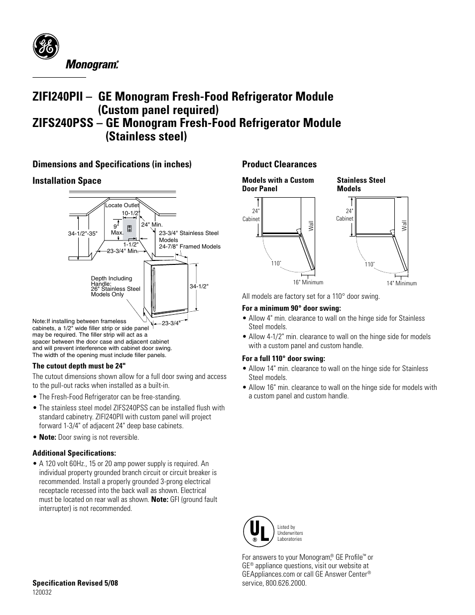 GE Monogram ZIFS240PSS User Manual | 3 pages