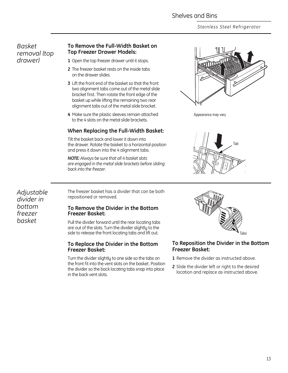 Basket removal (top drawer) shelves and bins, Adjustable divider in bottom freezer basket | GE Monogram 225D1804P011 User Manual | Page 13 / 28