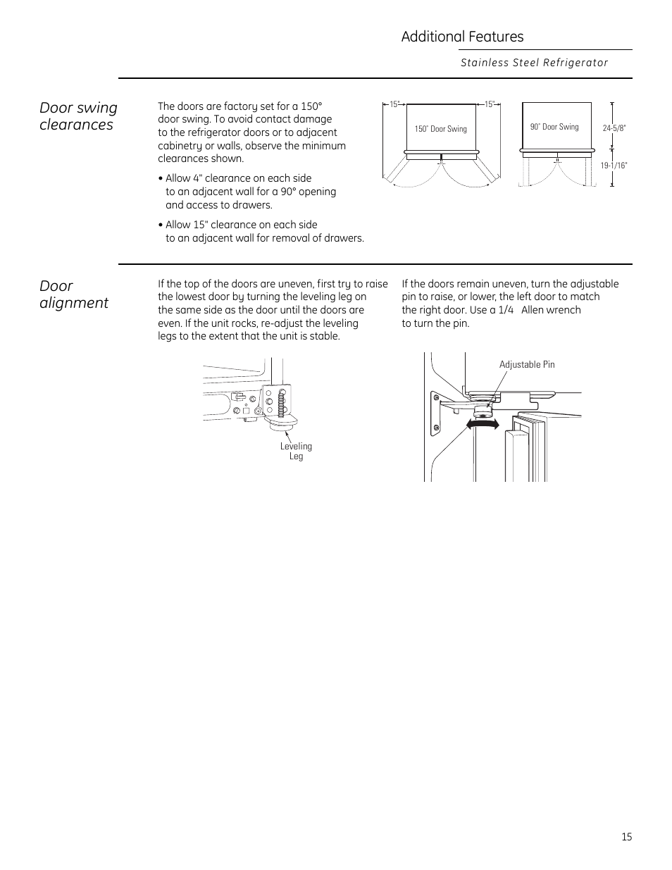 Additional features, Door alignment door swing clearances | GE Monogram 225D1804P011 User Manual | Page 15 / 28