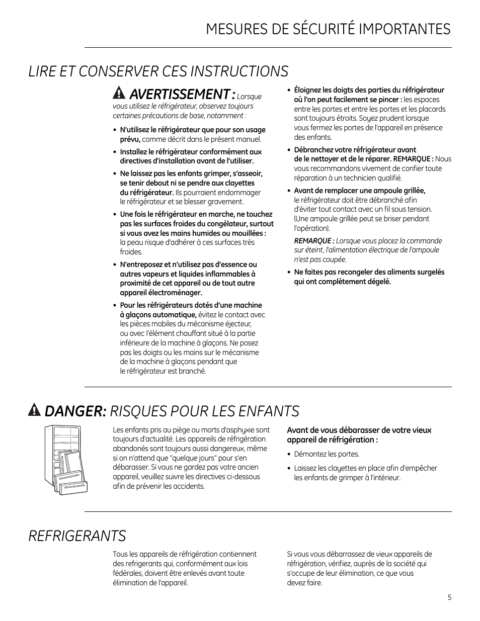 Danger: risques pour les enfants, Refrigerants, Avertissement | GE Monogram 225D1804P011 User Manual | Page 5 / 28