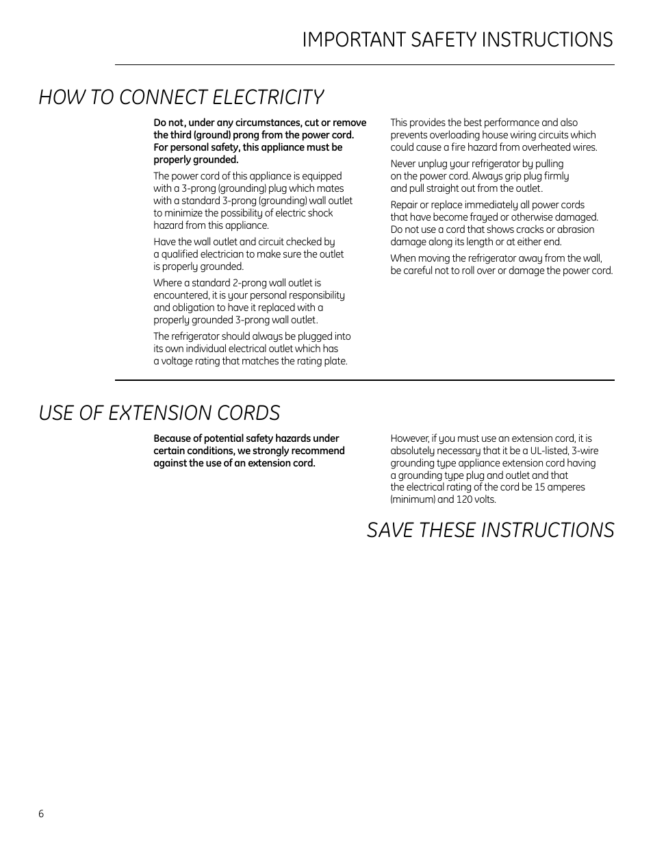 Use of extension cords | GE Monogram 225D1804P011 User Manual | Page 6 / 28