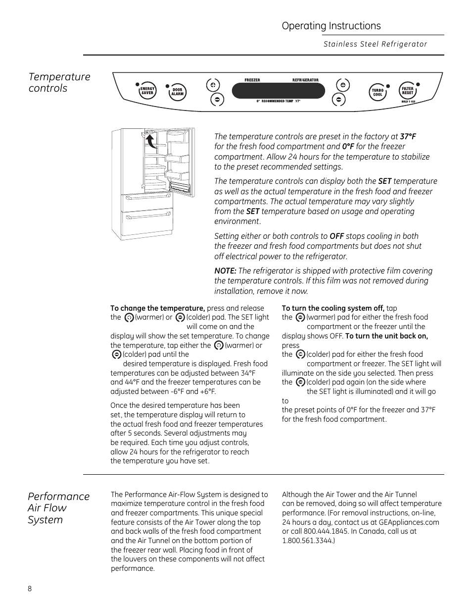 Temperature controls, Operating instructions, Performance air flow system | GE Monogram 225D1804P011 User Manual | Page 8 / 28