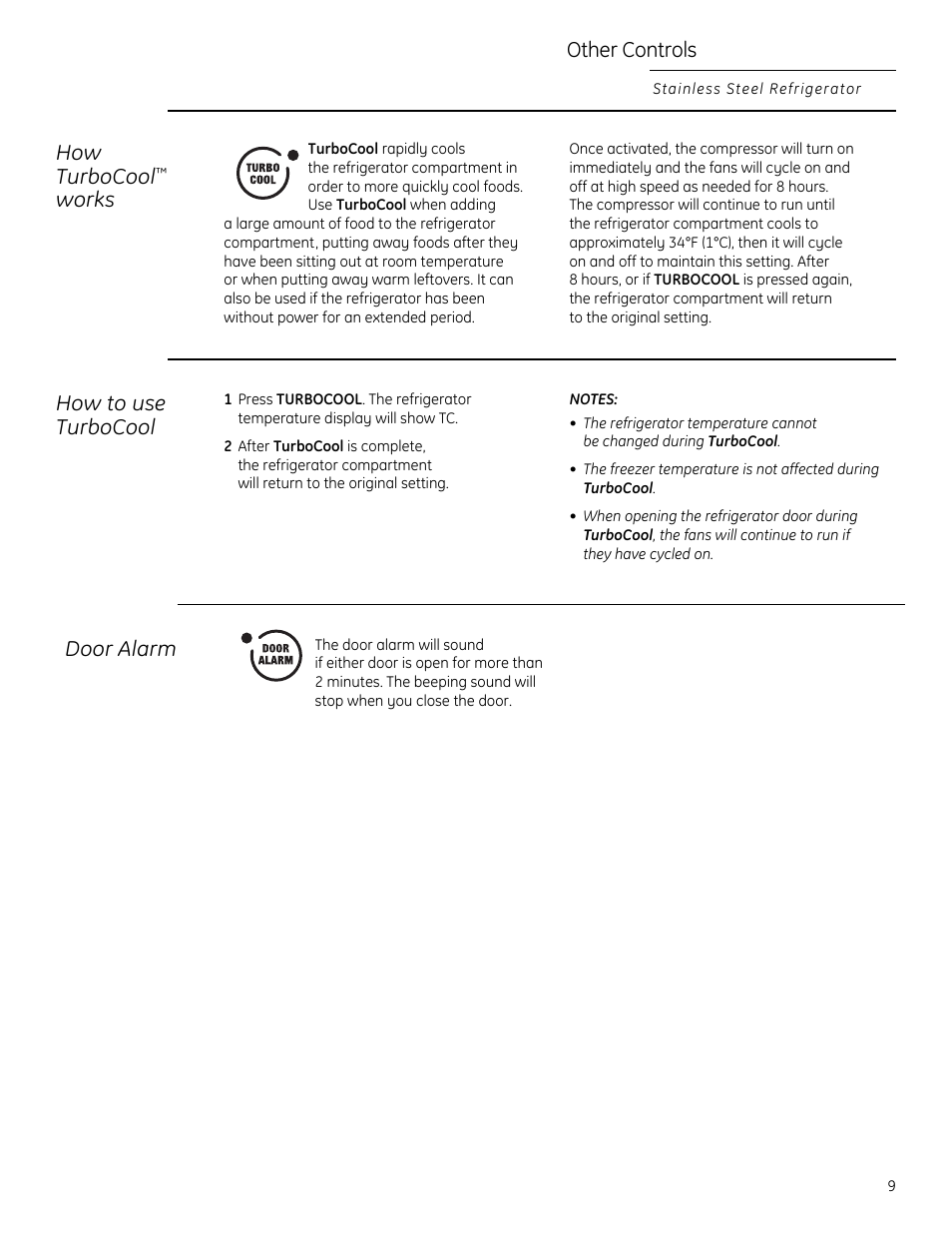 How turbocool, Works, Other controls | How to use turbocool, Door alarm | GE Monogram 225D1804P011 User Manual | Page 9 / 28