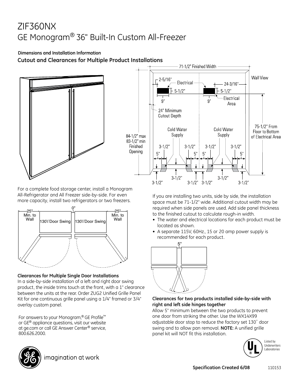 Zif360nx, Ge monogram, 36" built-in custom all-freezer | GE Monogram ZIF360NXRH User Manual | Page 2 / 5