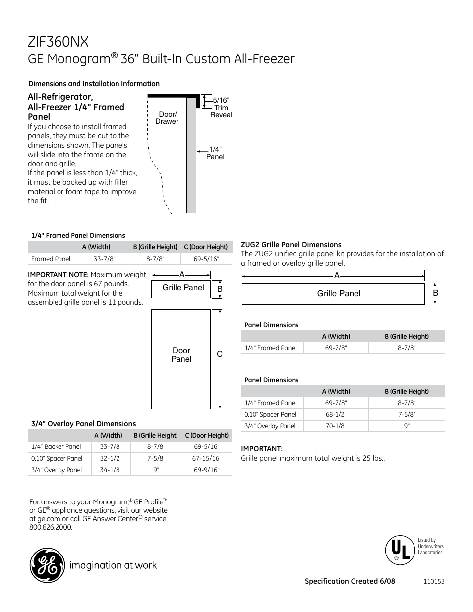 Zif_zir360nx_panel_dim, Zif360nx, Ge monogram | 36" built-in custom all-freezer | GE Monogram ZIF360NXRH User Manual | Page 3 / 5