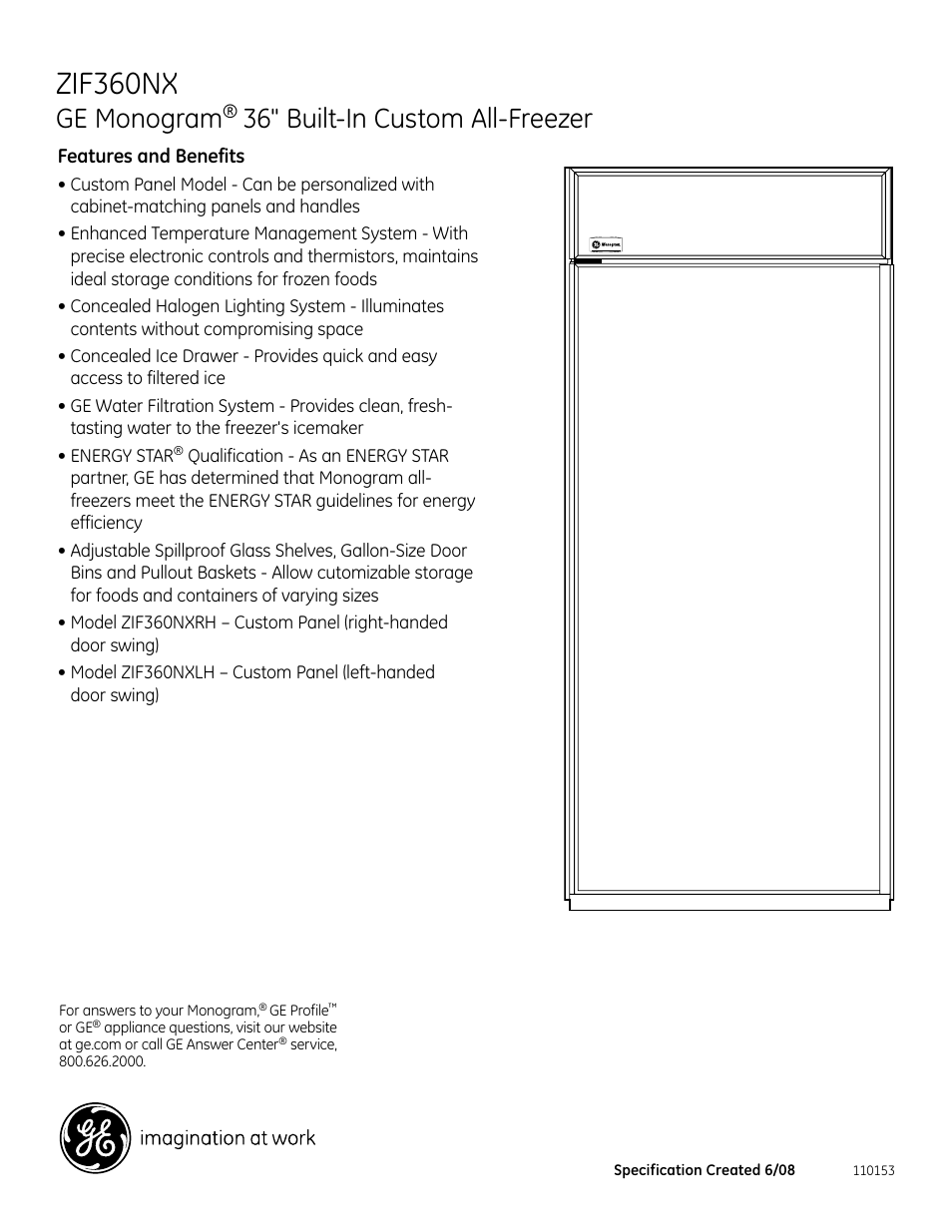Zif360nx, Zir360nxlh, Ge monogram | 36" built-in custom all-freezer | GE Monogram ZIF360NXRH User Manual | Page 5 / 5