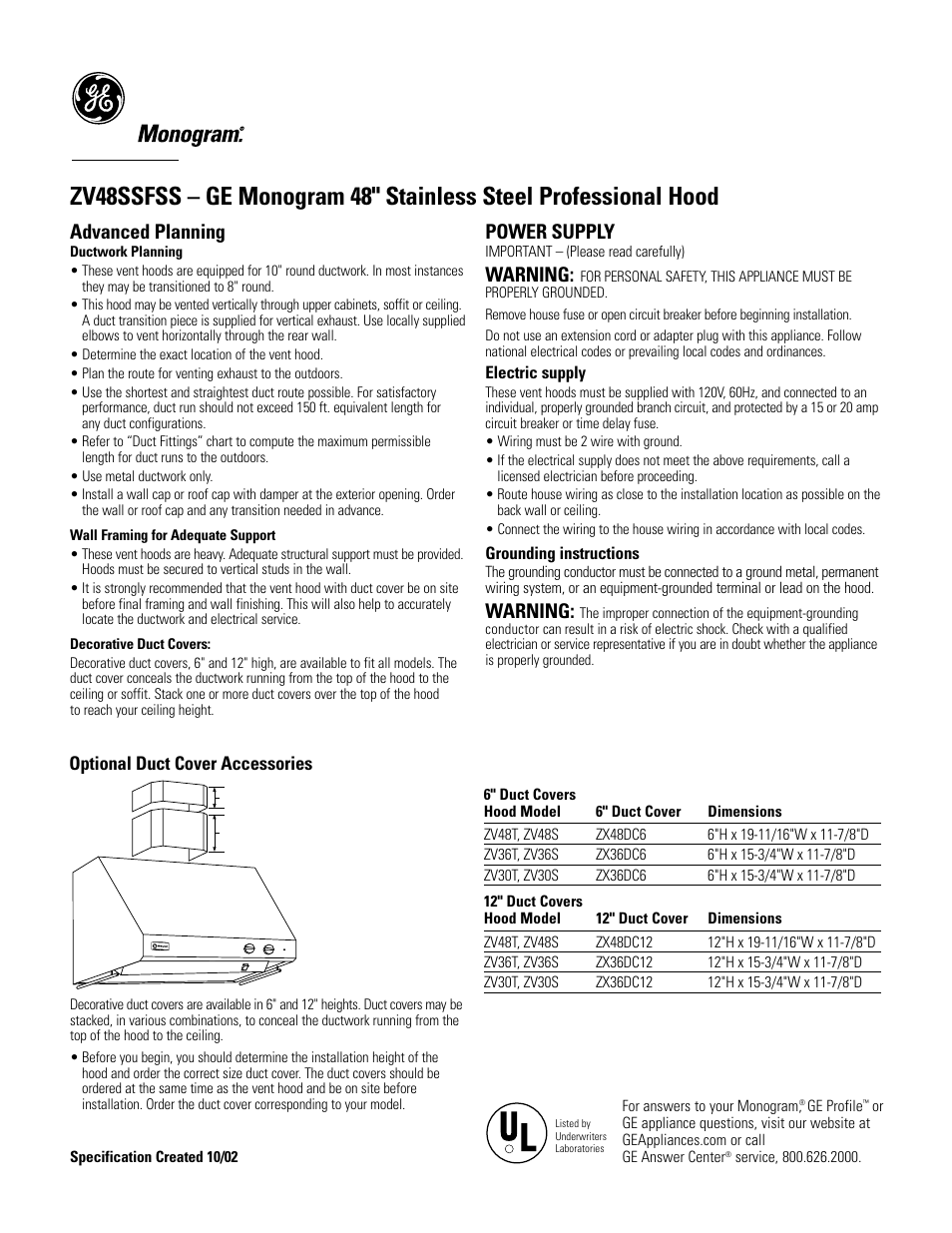 Advanced planning, Power supply, Warning | Optional duct cover accessories | GE Monogram MONOGRAM ZV48SSFSS User Manual | Page 2 / 4